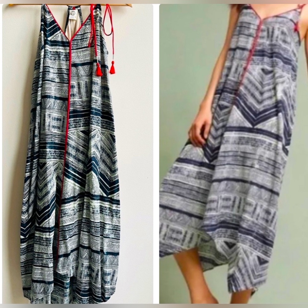 Anthropologie Black and White Midi Dress with Red Accents - Picture 3 of 7